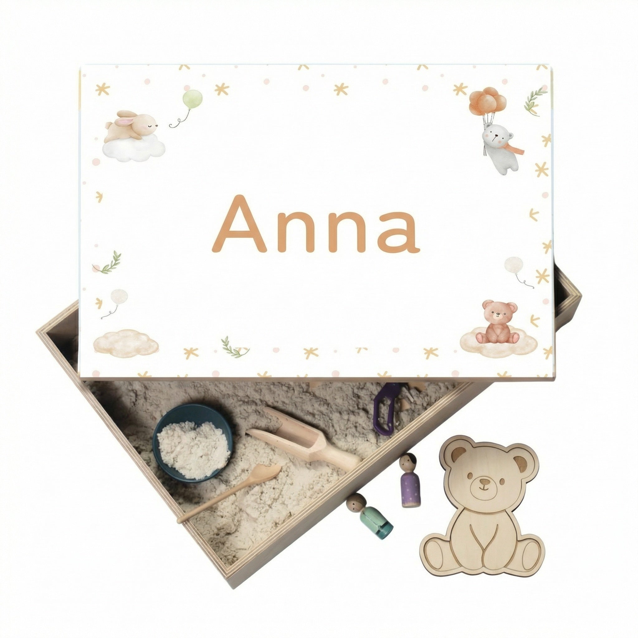 Holz-Spielwanne mit Deckel Bären (Anna) – personalisierbar