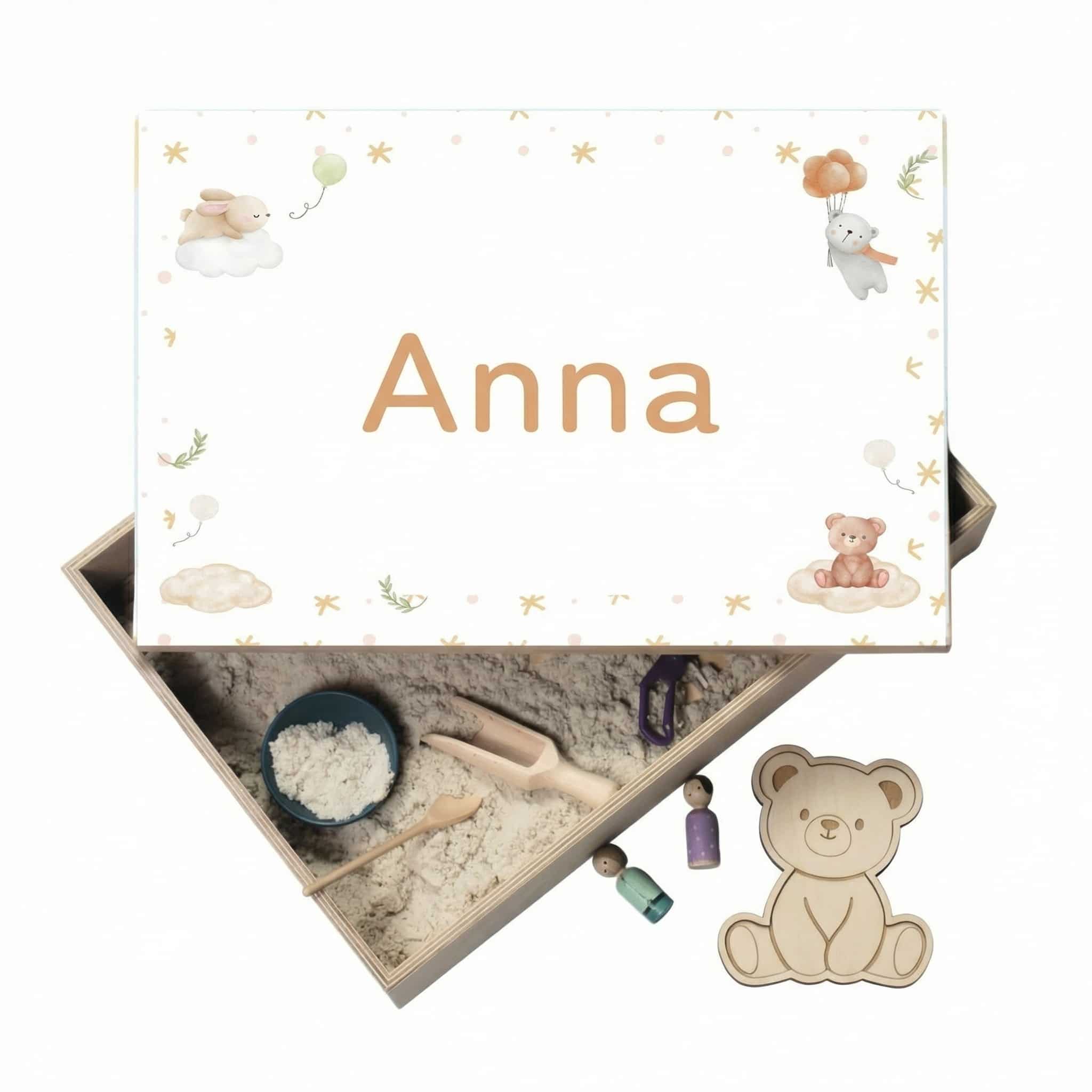Holz-Spielwanne mit Deckel Bären (Anna) – personalisierbar