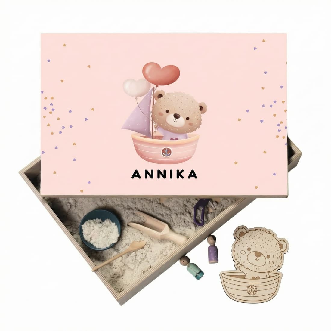 Holz-Spielwanne mit Deckel Bären (Annika) – personalisierbar