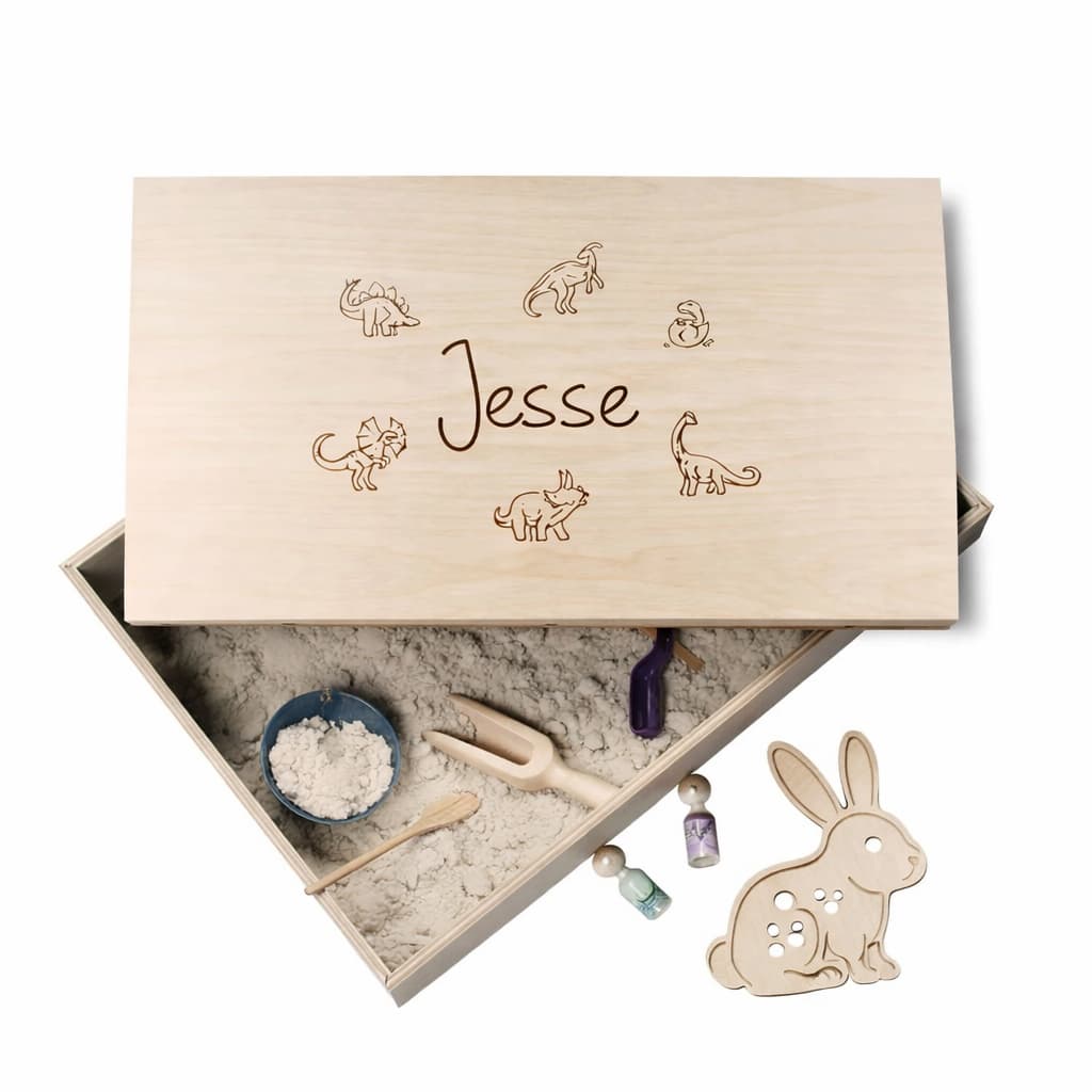 Holz-Spielwanne mit Deckel Dinosaurier (Jesse) – personalisierbar