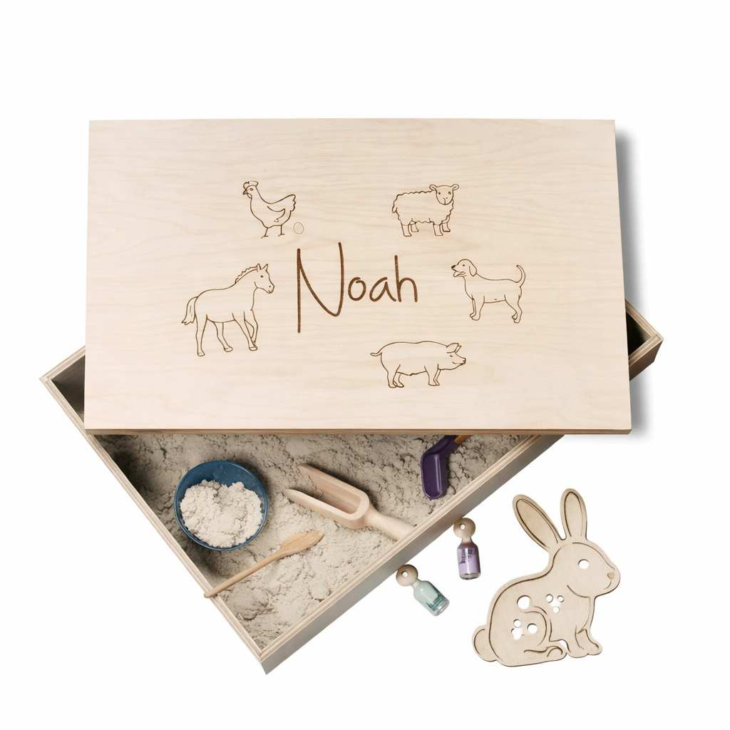Holz-Spielwanne mit Deckel (Noah) Bauernhof – personalisierbar