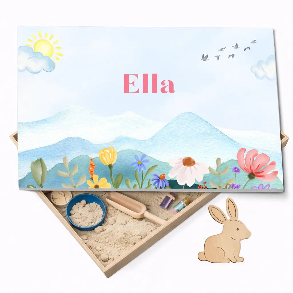 Holz-Spielwanne mit Deckel Blumen (Ella) – personalisierbar