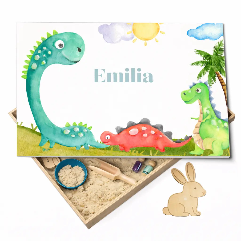 Holz-Spielwanne mit Deckel Dinosaurier (Emilia) – personalisierbar