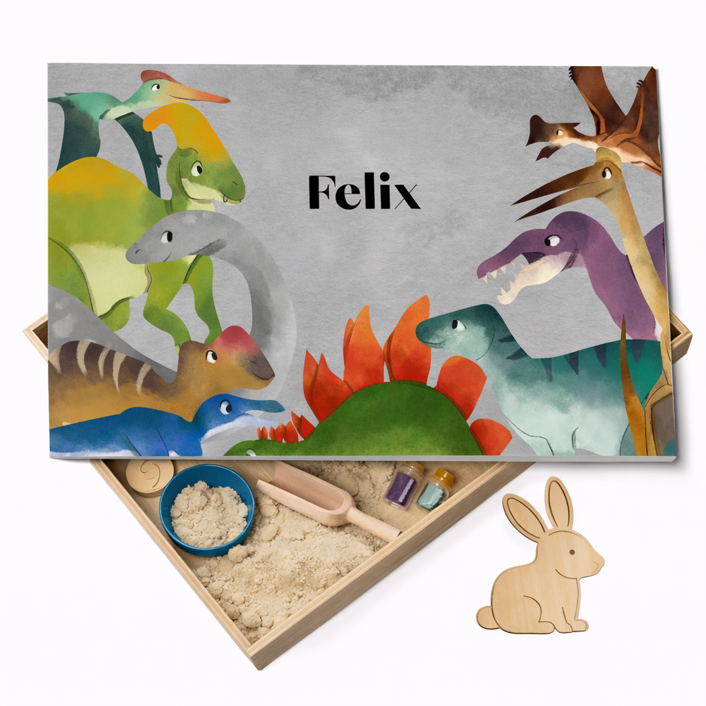 Holz-Spielwanne mit Deckel Dinosaurier (Felix) – personalisierbar