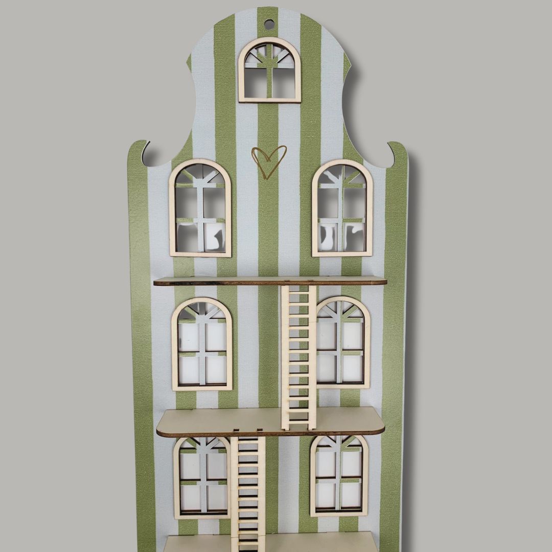 Wandpuppenhaus – klassisches Grachtenhaus (Treppe mit grün-weißem Streifenprint)