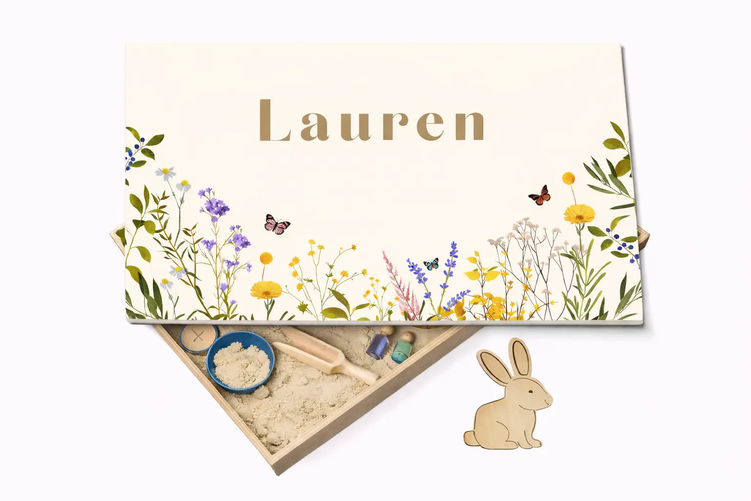 Holz-Spielwanne mit Deckel Blumen (Lauren) – personalisierbar