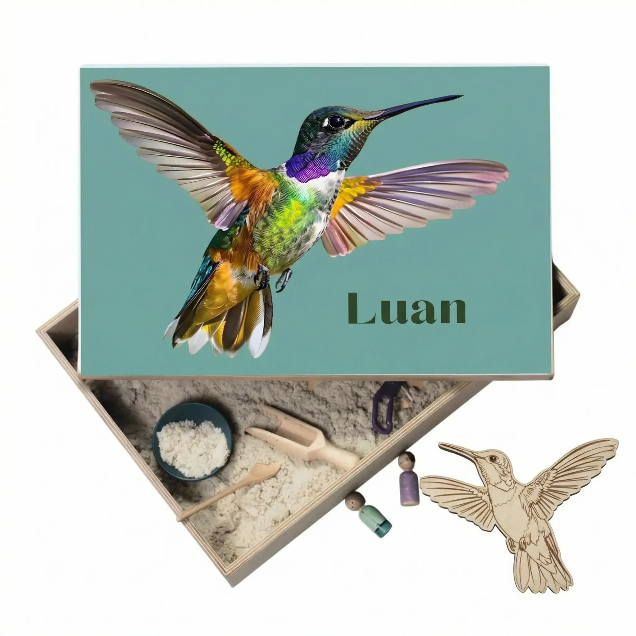 Holz-Spielwanne mit Deckel Vogel (Luan) – personalisierbar