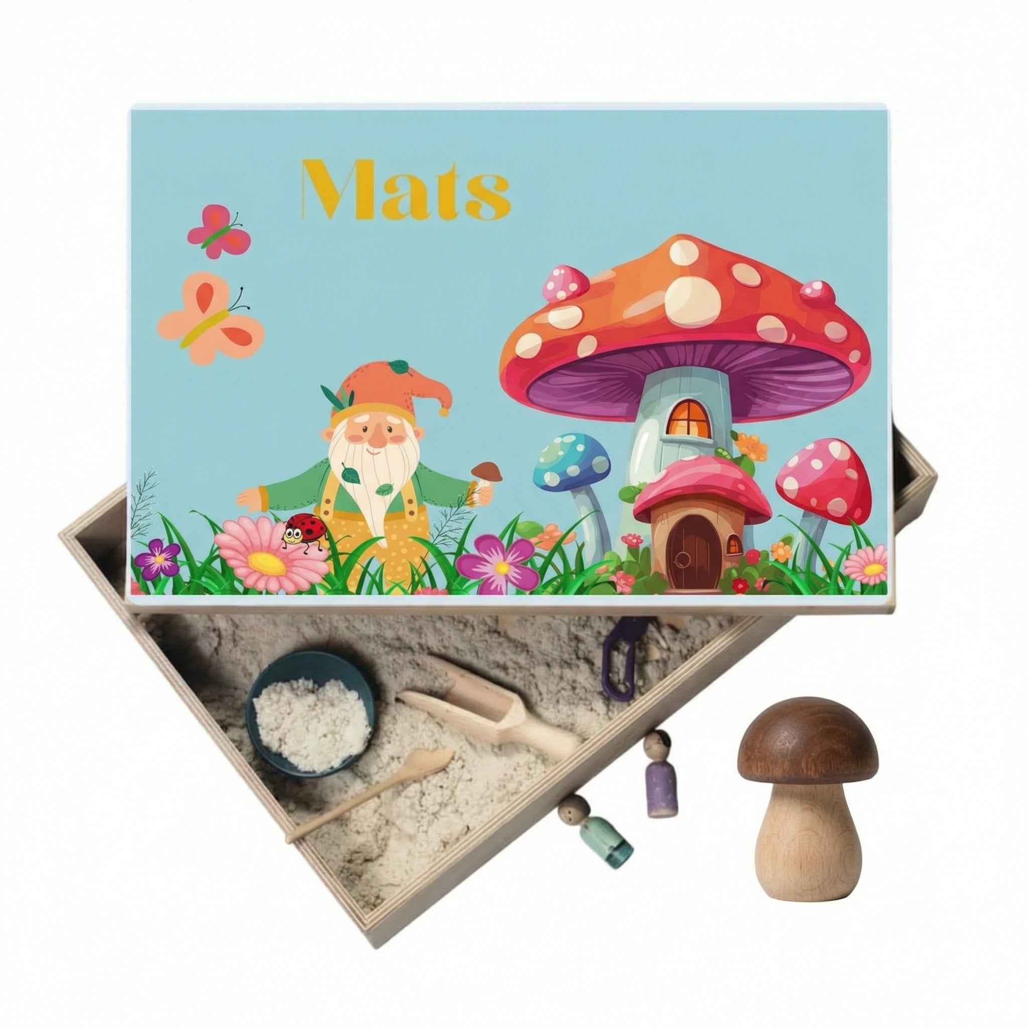 Holz-Spielwanne mit Deckel Kobold (Mats) – personalisierbar