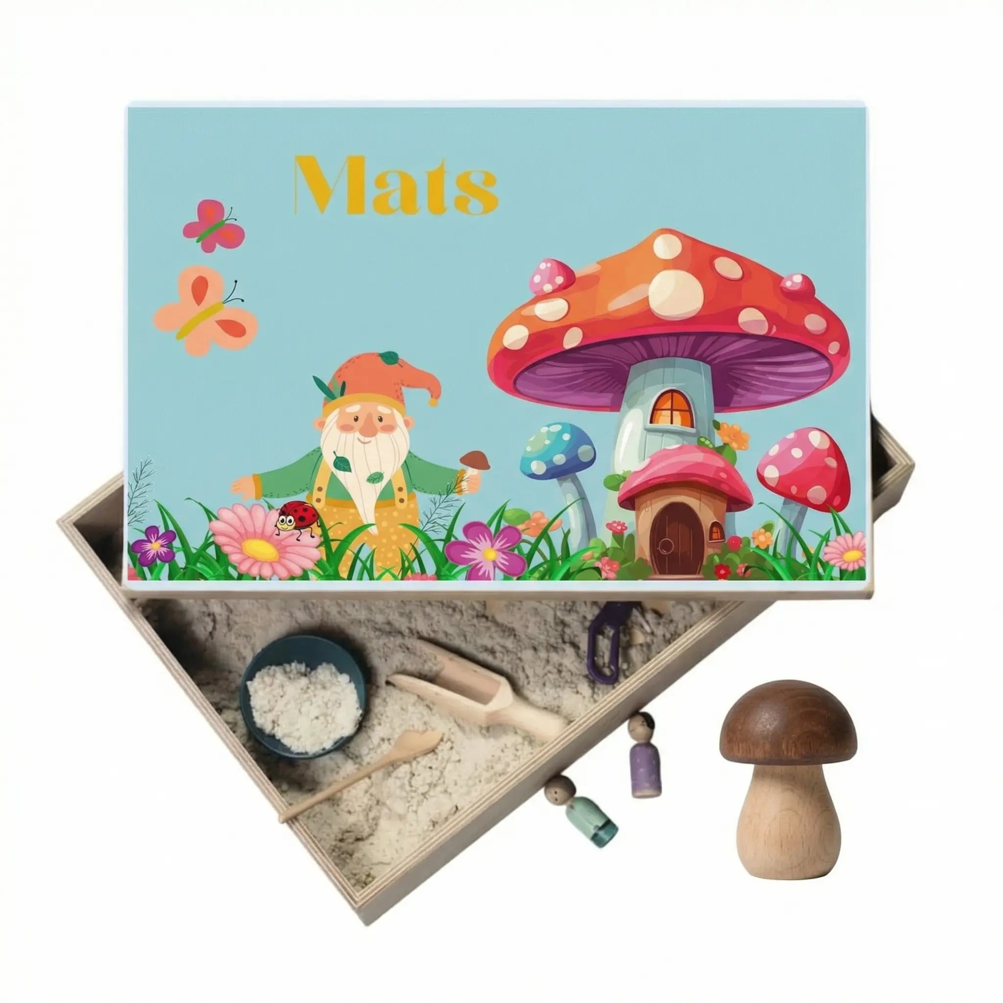 Holz-Spielwanne mit Deckel Kobold (Mats) – personalisierbar