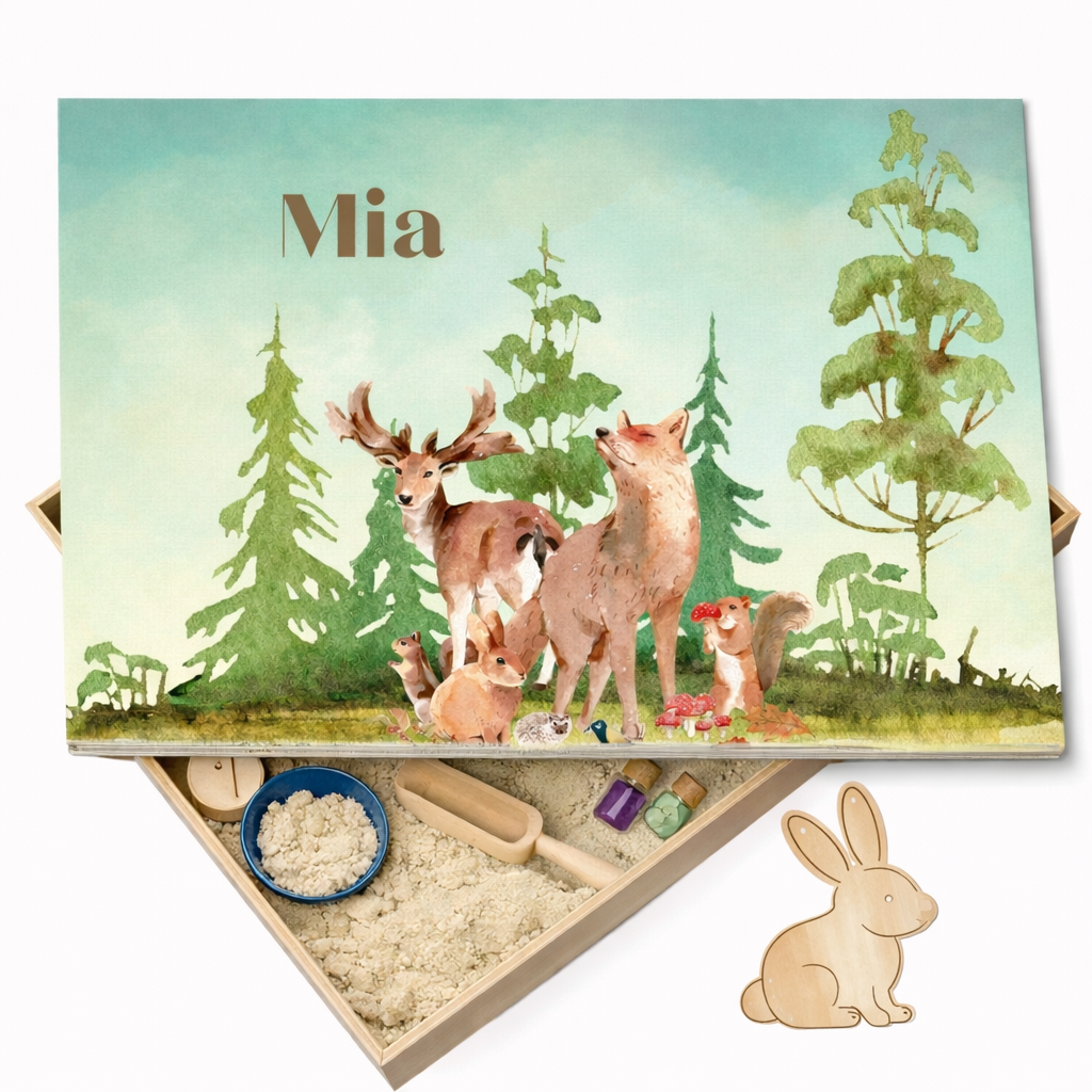 Holz-Spielwanne mit Deckel Tiere (Mia) – personalisierbar