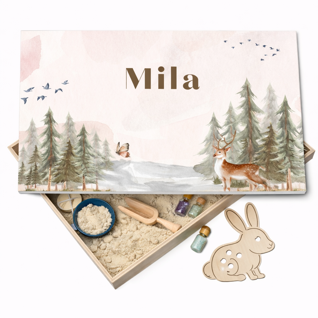 Holz-Spielwanne mit Deckel Tiere (Mila) – personalisierbar