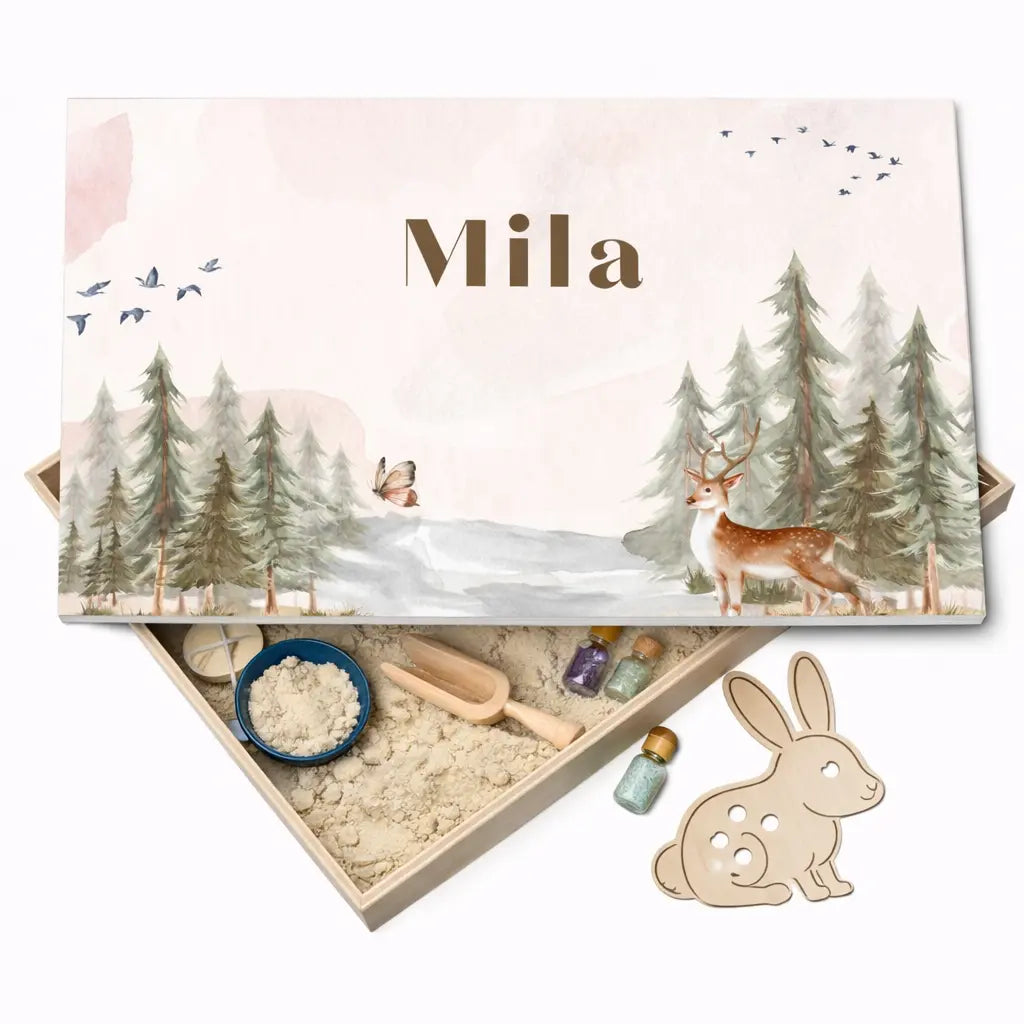 Holz-Spielwanne mit Deckel Tiere (Mila) – personalisierbar