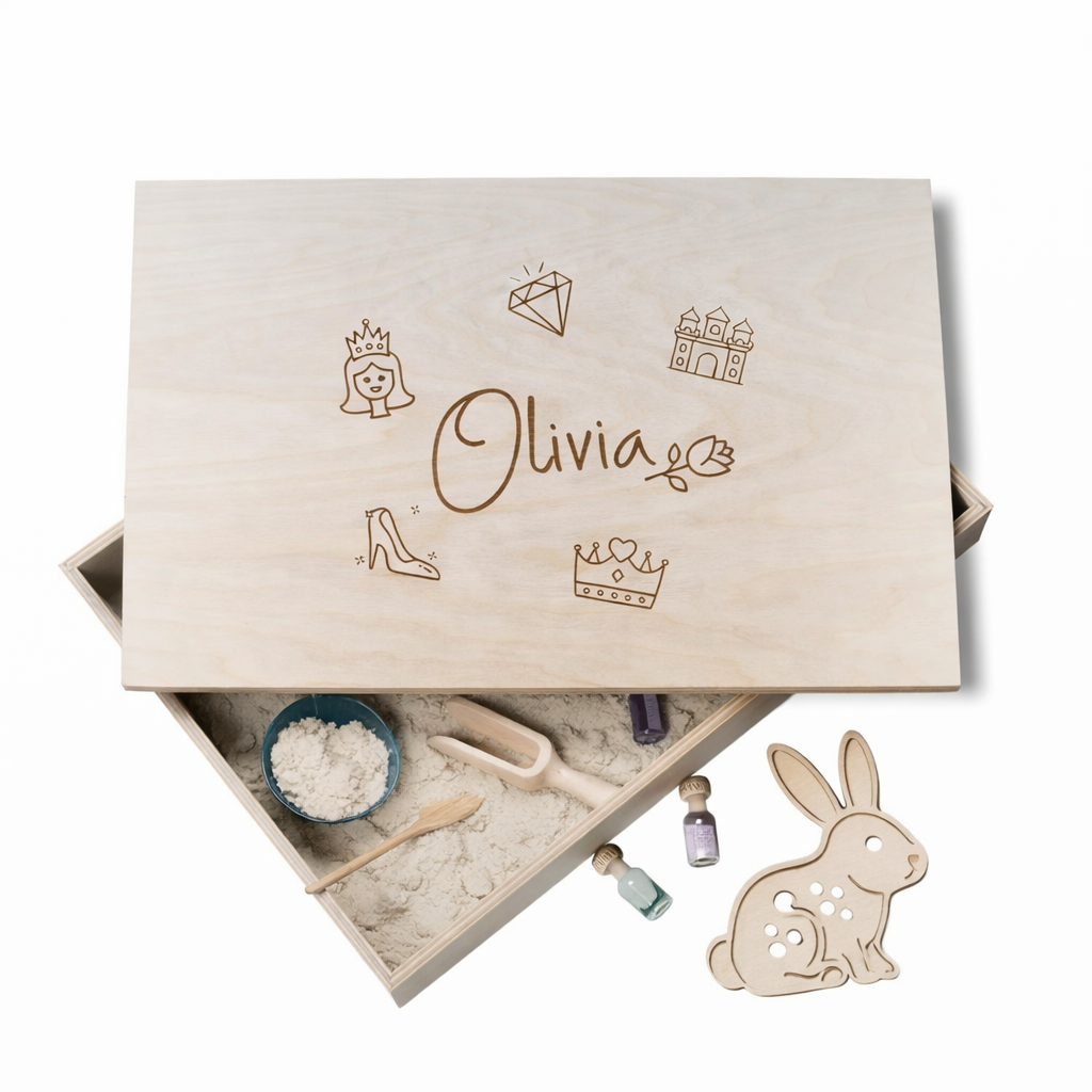 Holz-spielwanne mit Deckel (Olivia) Prinzessin– personalisierbar