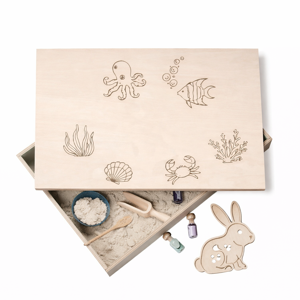 Holz-Spielwanne mit Deckel im Ozean-Thema