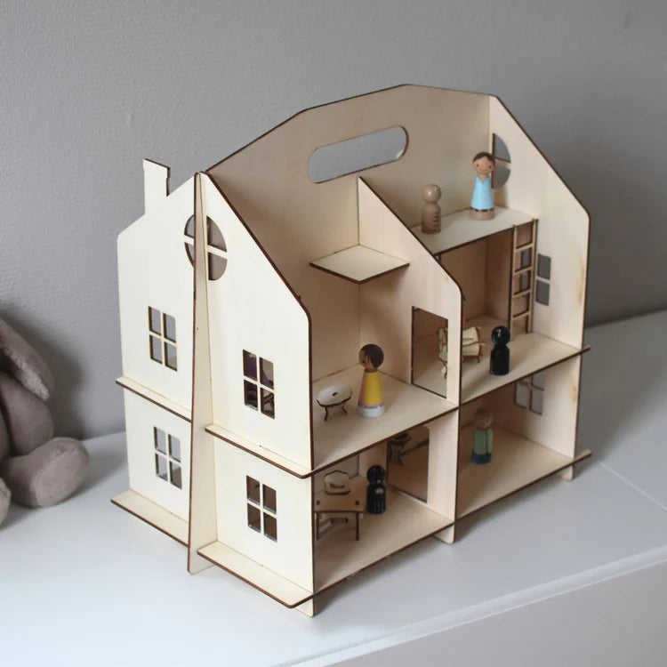 Tragbares Holz-Puppenhaus – inklusive Pegdoll-Familie mit Hund