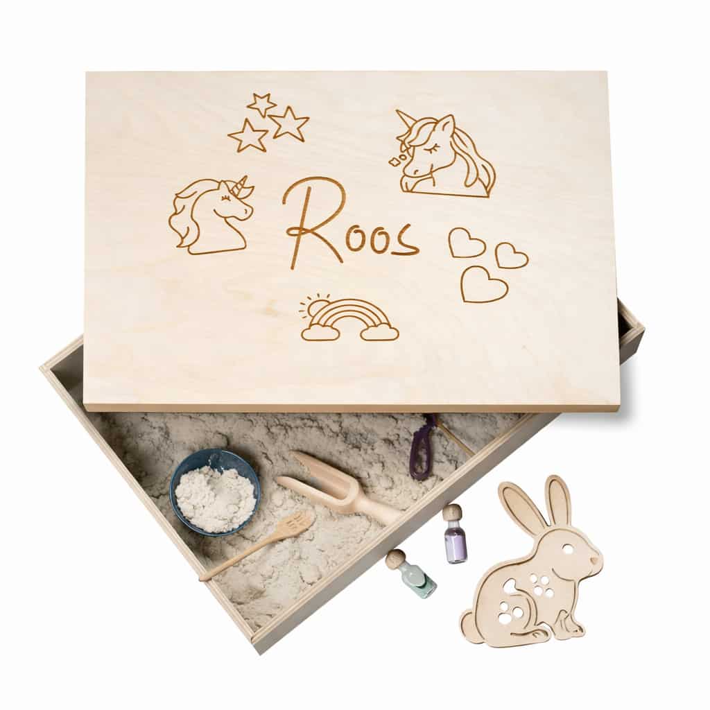 Holz-Spielwanne mit Deckel Einhorn (Roos) - personalisierbar