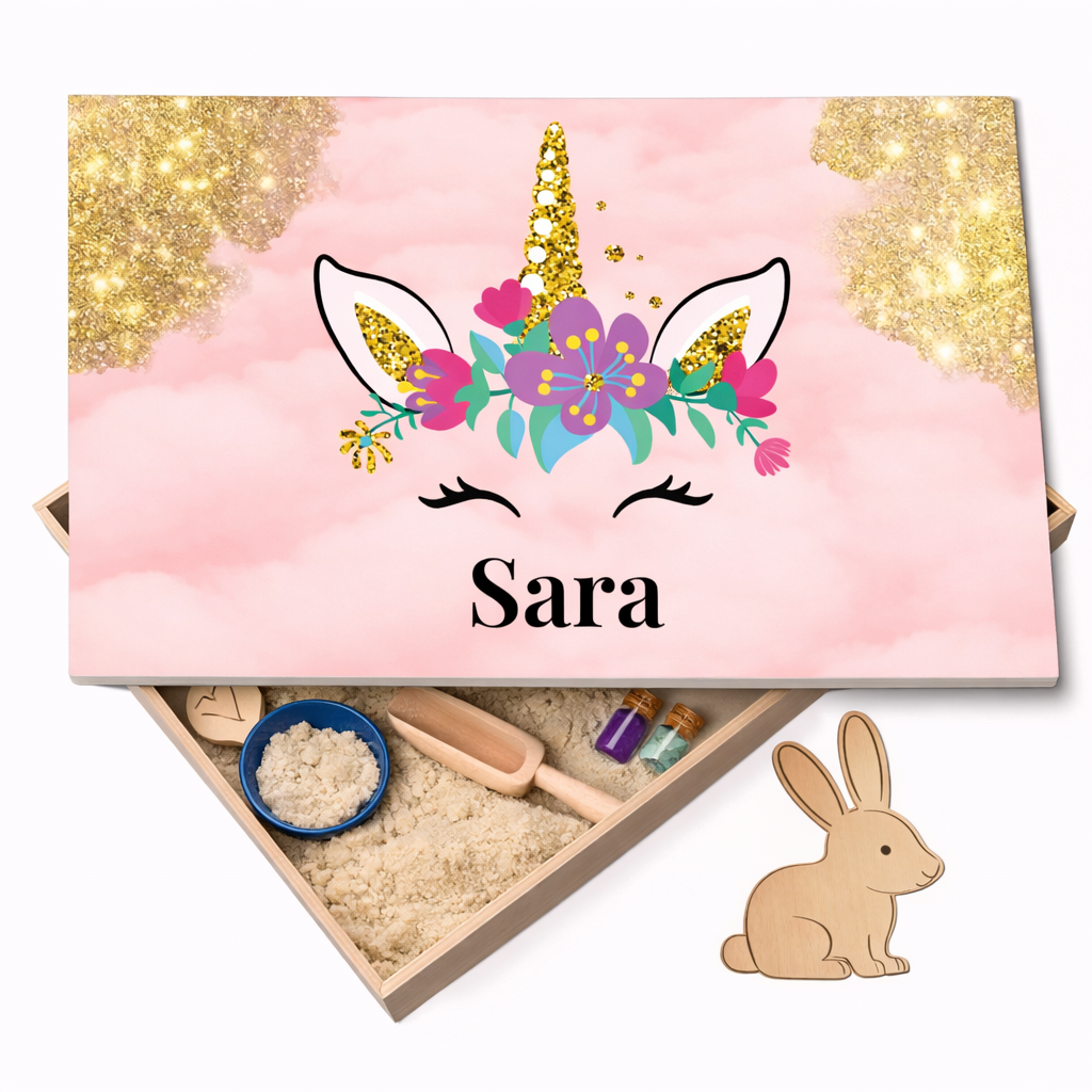Holz-Spielwanne mit Deckel Einhorn (Sara) – personalisierbar
