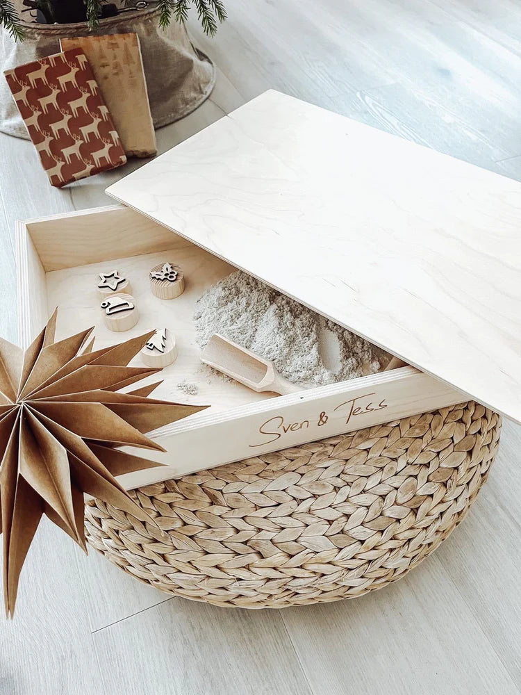 🌟 Holz-Spielbox-Set – Mit Deckel, Sand & Stempelset nach Wahl (Jonas)