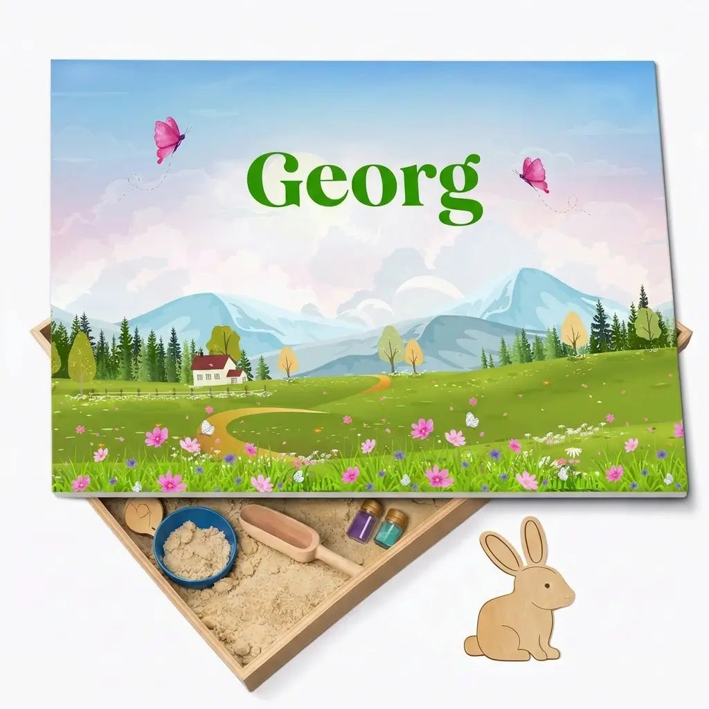 Holz-Spielwanne mit Deckel Frühling (Georg) – personalisierbar