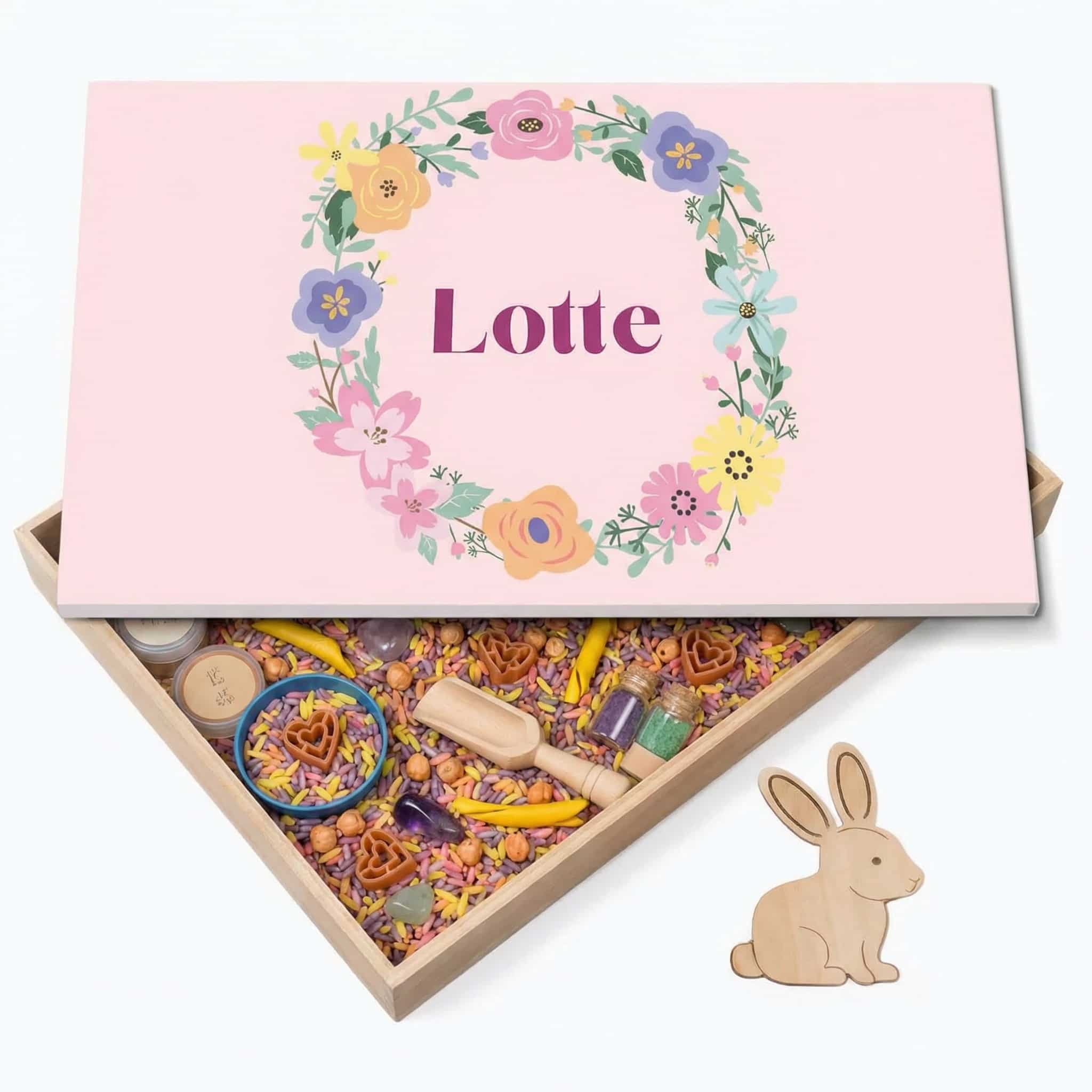 Holz-Spielwanne mit Deckel Blumen (Lotte) – personalisierbar