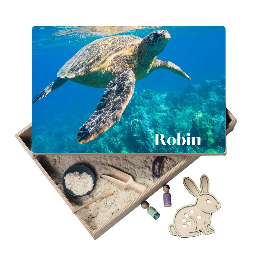 Holz-Spielwanne mit Deckel (Robin) – personalisierbar