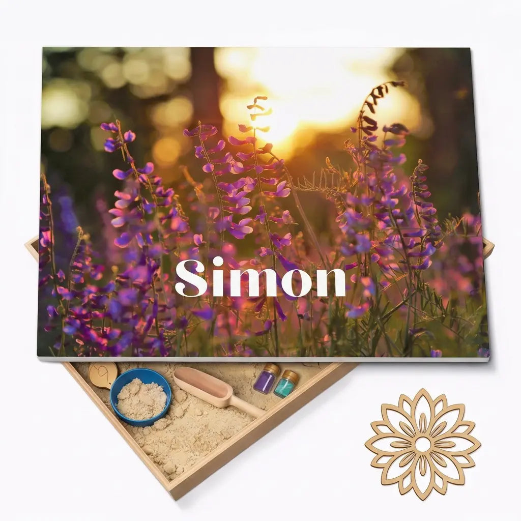 Holz-Spielwanne mit Deckel Frühling (Simon) – personalisierbar