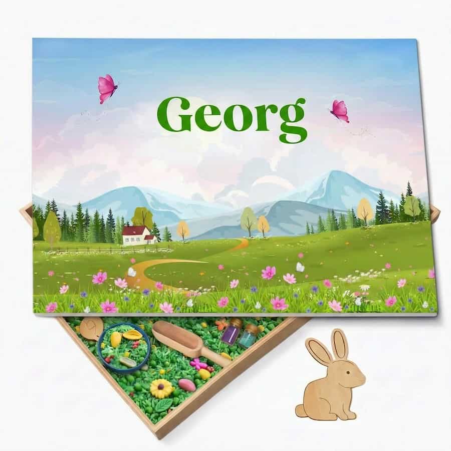 Holz-Spielwanne mit Deckel Frühling (Georg) – personalisierbar