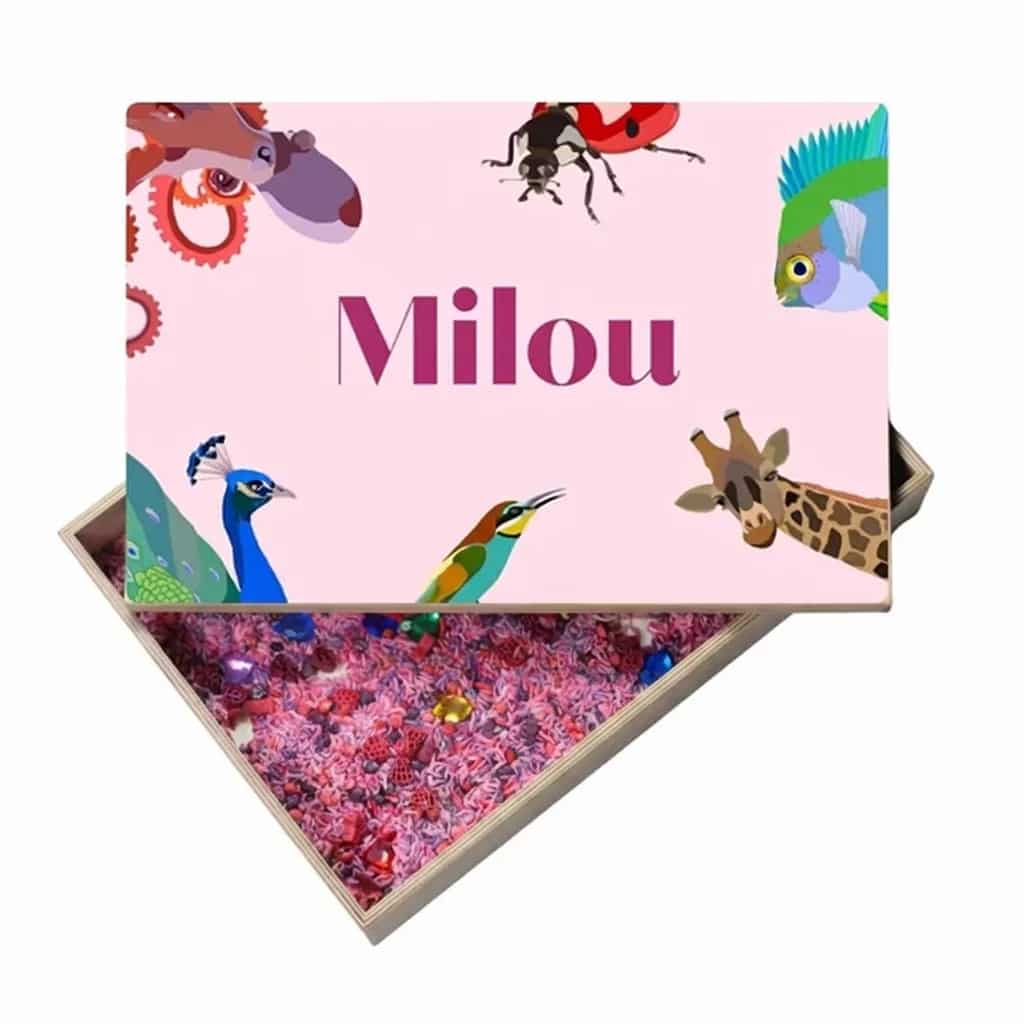 Holz-Spielwanne mit Deckel Tierdesign (Milou) – personalisierbar