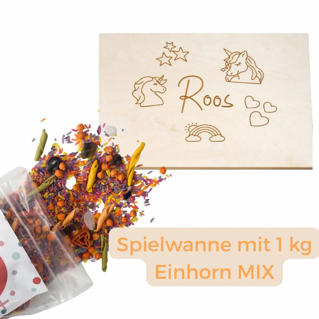 Holz-Spielwanne + 1 kg Unicorn Mix – Set-Rabatt – mehrere Designs verfügbar