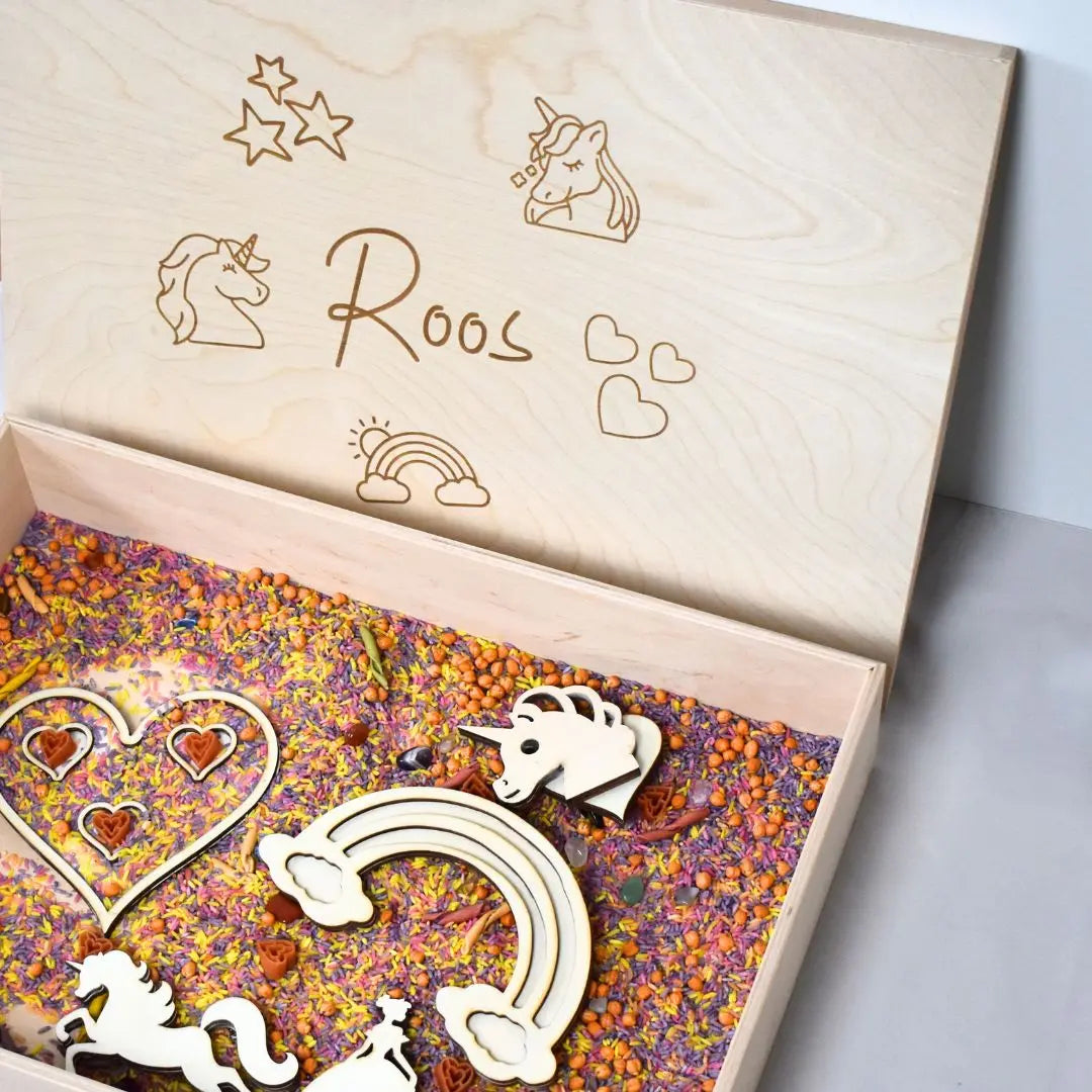 Holz-Spielwanne + 1 kg Unicorn Mix – Set-Rabatt – mehrere Designs verfügbar